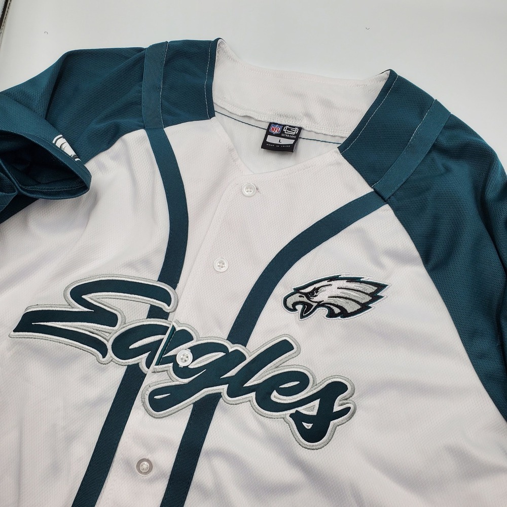 Ultra Game NFL Philadelphia Eagles Mens Baseball Jersey White Green Large NWT